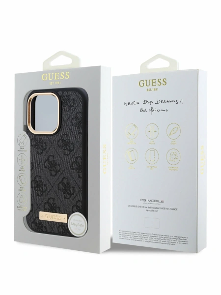 Guess для iPhone 16 чехол PU Grained leather Triangle metal logo Hard Black (MagSafe)