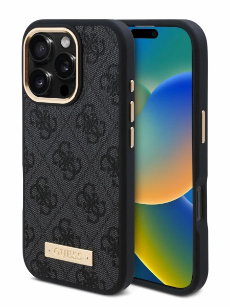 Guess для iPhone 16 чехол PU Grained leather Triangle metal logo Hard Black (MagSafe)
